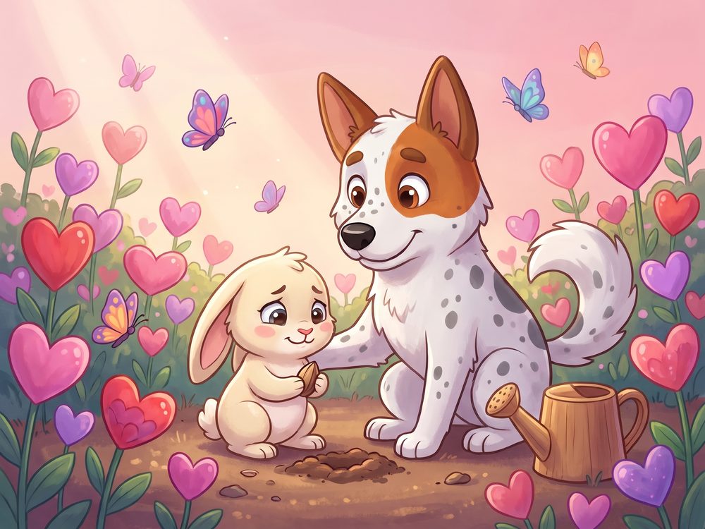 Foxy และกระต่ายปลูกเมล็ดในสวนดอกไม้รูปหัวใจ